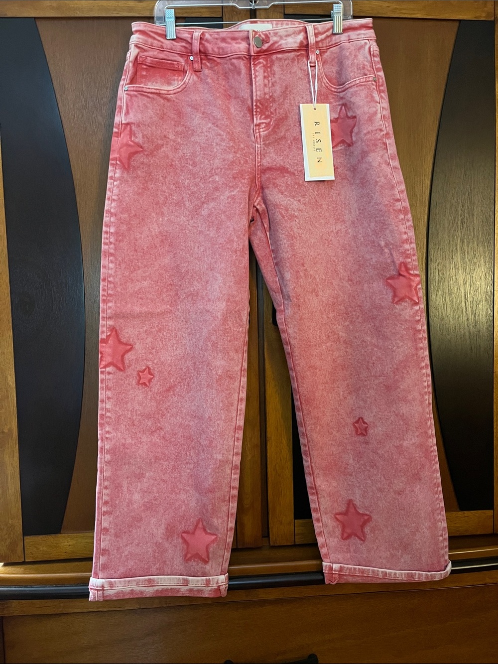 Risen Pink Star-Embroidered Straight Leg Jeans NWT